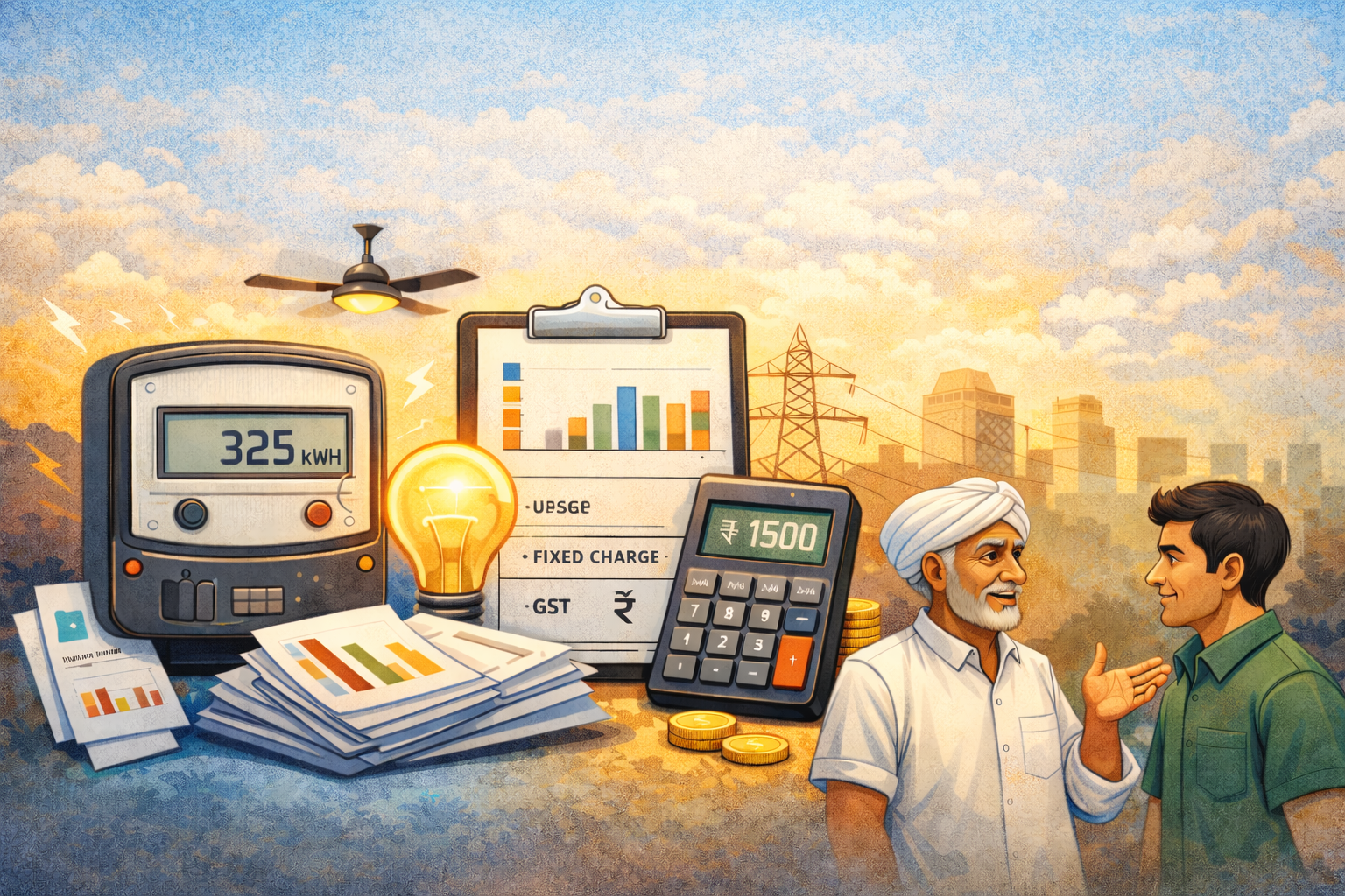 Infographic showing electricity meter reading, calculator, bill chart, power lines and two people discussing electricity bill units and charges.