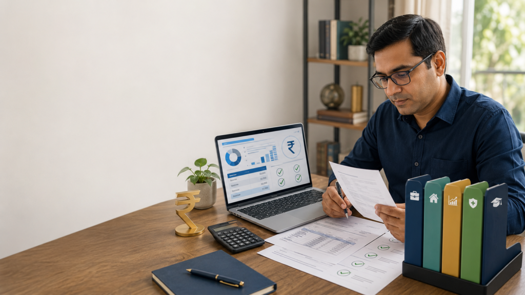 Income Tax Act 1961 હેઠળ Indian taxpayer laptop પર tax calculation અને financial documents તપાસતા