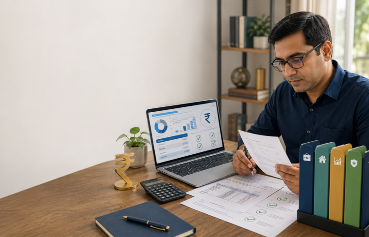 Income Tax Act 1961 હેઠળ Indian taxpayer laptop પર tax calculation અને financial documents તપાસતા